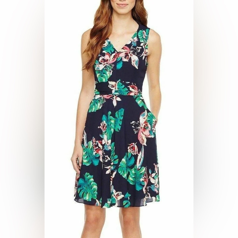 Tahari ASL Navy Blue Palm Print Tie-Waist A-Line Dress Size 6 Petite